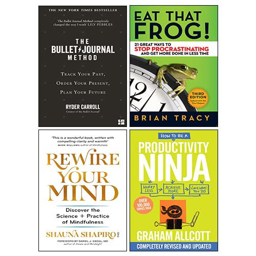 The Bullet Journal Method, Eat That Frog!, Rewire Your Mind, How to be a Productivity Ninja 4 Books Collection Set