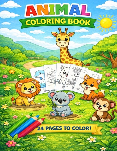 Cute Animals Coloring Book for Kids Ages 4–7: 24 Fun and Easy Animal Coloring Pages for Young Children
