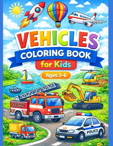 Vehicles Coloring Book for Kids: Fun and Easy Coloring Pages of Cars, Trucks, Trains, and More for Kids Ages 3–6
