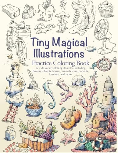 Tiny Magical Illustrations Practice Coloring Book: Flowers, Objects, Houses, Animals, Cars, Portraits, Furniture