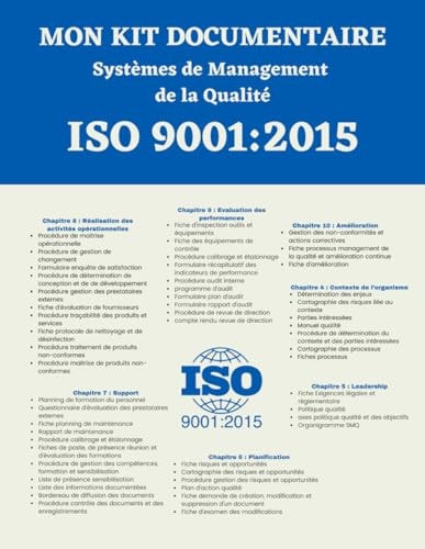 Mon Kit Documentaire ISO 9001 2015 Système de Management de la Qualité Préétabli par chapitres selon la norme ISO 9001 Version 2015 contient toute la documentation nécessaire à la mise en place d'un SMQ notamment des modèles de Procédures, Processus ....