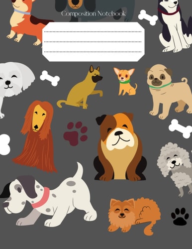 Composition Notebook: Collage of dogs, paws and bones on a grey background 100 pages