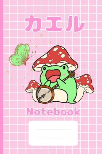 kawaii cottagecore aesthetic frog snail butterfly notebook, mushroom hat magic frog playing guitar making good vibes, pink grid fantasy aesthetic notebook for girls teens and kids