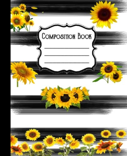 Composition Notebook: Sunflowers Pattern on Black and White Striped Background - 7.5" X 9.25" - Wide Ruled 105 Pages