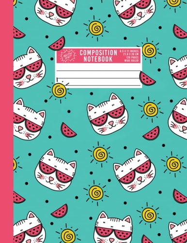 Cat Composition Notebook: Teal and Pink Colored Cat and Watermelon Composition Notebook Wide Ruled