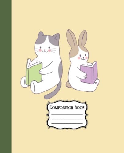 Cute Composition Book: Cute Rabbit And Cat Reading Book | College Ruled Lined Notebook | Cottagecore Aesthetic Journal for Women, Teens, Girls, Boys