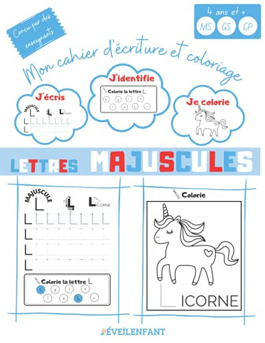 Mon Cahier d'écriture et Coloriage Cahier d'écriture des Lettres Majuscules et de Coloriage à Partir de 4 Ans / 26 Coloriages Pour Filles et Garçons / 78 Pages , 21,59 X 27. 94 Cm