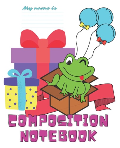 Composition Notebook: Cute Frog in the Box with Presents and Balloons for kids | Draw and Write Journal in no line paper, 7.5x9.25 inch (200 Pages)