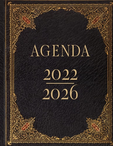 Agenda 2022 - 2026: Motif noir et or vintage. Planificateur mensuel de 5 ans. Grand Format 18x25 cm. Calendrier de 60 mois, 2 pages par mois. (French Edition)