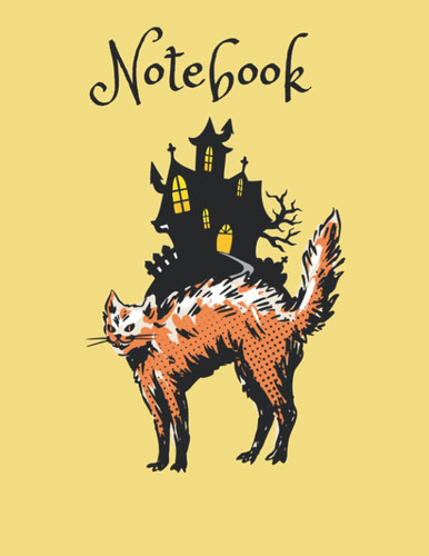 Basic 100 page lined notebook with eclectic Halloween cat/haunted house Paperback