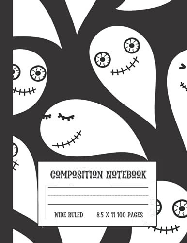 Halloween Composition Notebook: 8.5 x 11 in | WIDE Ruled Lined | 100 Pages | Journaling for Boys, Kids, Teenagers, Middle School, High School, ... Gift | Friendly White Ghosts on Black Cover
