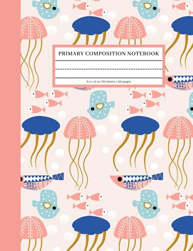Primary Composition Notebook Primary Story Journal Grades K2 with Dotted Midline and Picture Space (Pink Ocean Fish)