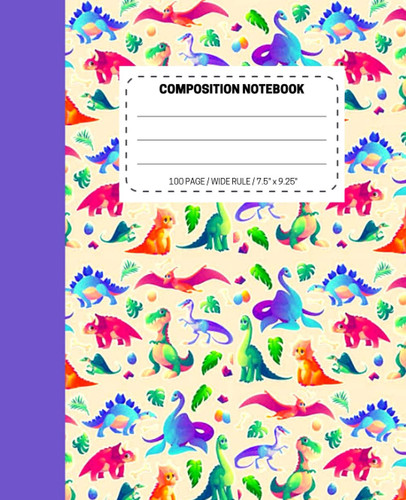Dinosaurs Composition Notebook: Wide Ruled 100 pages. 7.5x9.25 inches, black lined paper, Halloween cover, for kids, adult, Students, teens, girls, boys