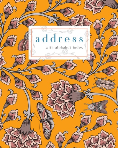 Address with Alphabet Index: 8x10 Large Contact Book with A-Z Alphabetical Labels | Paisley Fantasy Flower Cover Design | Orange