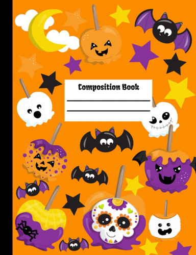 Composition Book: Fun Halloween Graphics on Orange Background 100 wide ruled pages: Fun Halloween Holiday Notebook for Kids and Adults