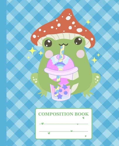 Composition Notebook - Kawaii Frog With Mushroom Hat Drink Bubble Tea - Kawaii Composition Notebook College Ruled For School