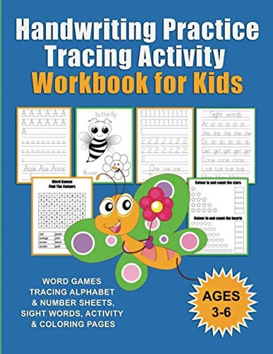 Handwriting Practice Tracing Activity Workbook for Kids Ages 3-6 Word Games, Tracing Alphabet, and Number Sheets, Site Words, Activity and Colouring Pages