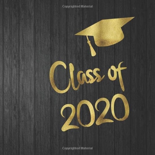 Class of 2020 Guest Book: Golden letters & Graduation Cap - Black wood background gold letters