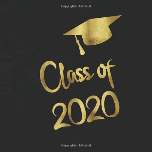 Class of 2020 Guest Book: Golden letters & Graduation Cap - Gold ornament background with gold letters