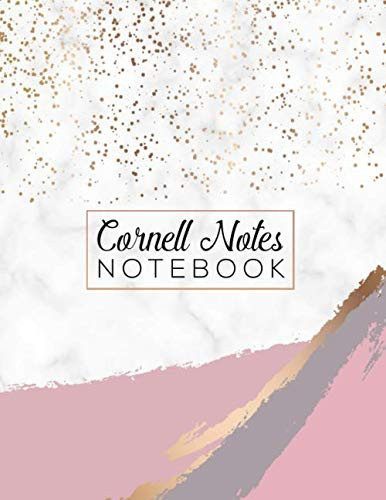 Cornell System Notes Notebook: Elegant Large College Ruled Notebook Note Taking Method For School and University Students - Pink Gold Brush Stroke Marble