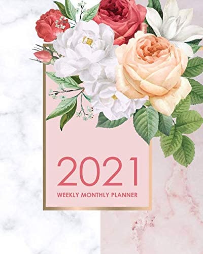 2021 Weekly Monthly Planner Desk Diary 2021 - Appointment Diary 2021 - Daily Organiser Planner 2021 - Victorian Flowers White Pink Marble