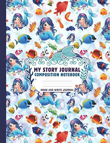 My Story Journal Composition Notebook | Draw and Write Journal Vol-08. with Story Space and Dotted Mid Line | Mermaid Theme Design on Each Page | Creative Story Book | Light Ocean Color Background with Colorful Sea Creatures