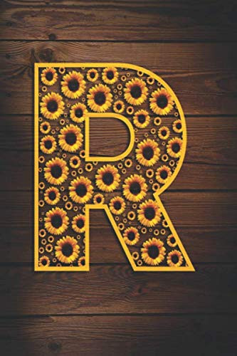 R Initial Monogram Letter R Rustic Sunflower Notebook Blank Lined Journal with Wooden Background