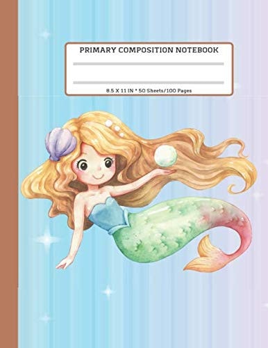 Primary Composition Notebook: Large (8.5 x 11 inches) - Blank handwriting practice paper with dotted lines| Indianred 100 Pages | Mermaid cartoon ... landscape background School Exercise Book
