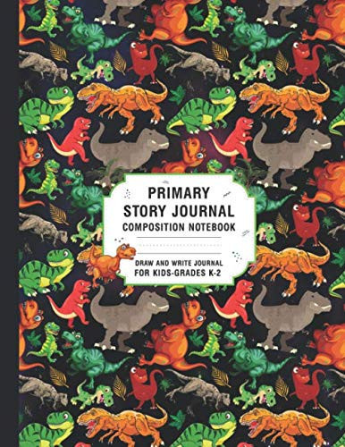 Primary Story Journal | Composition Notebook | Draw and Write Journal for Kids Grades K-2 Vol-06. with Story Space and Dotted Mid Line | T-Rex Theme Design on Each Page | Dark Fantasy Background with Dark Border Cover Design