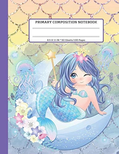 Primary Composition Notebook: Large (8.5 x 11 inches) - Blank handwriting practice paper with dotted lines | 100 Pages | Cute Mermaid Sitting Moon School Exercise Book