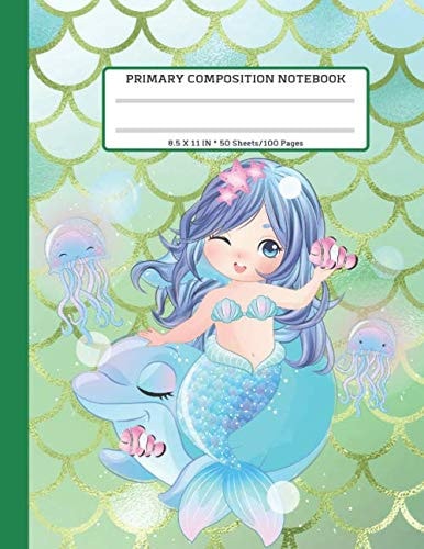 Primary Composition Notebook: Large (8.5 x 11 inches) - Blank handwriting practice paper with dotted lines | 100 Pages | Cute Mermaid With Dolphin School Exercise Book