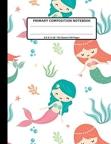 Primary Composition Notebook: Large (8.5 x 11 inches) - Blank handwriting practice paper with dotted lines | 100 Pages | Mermaid Pattern Background School Exercise Book