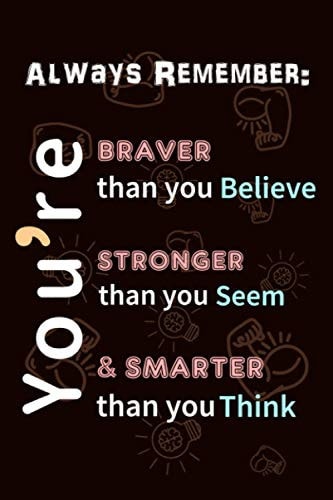 Always Remember; You Are Braver Than You Believe Stronger Than You Seem and Smarter Thank You Think Lined Notebook,motivational Notebooks, Daily Writing, Gifts for Women Men Girls and Boys