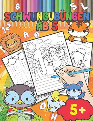 Schwungübungen Ab 5 Großes Tier Malbuch Vorschulbuch, Buchstaben und Zahlen Schreiben Lernen - Schwungübungen, Ideale Geschenkidee Für Jungen und Mädchen