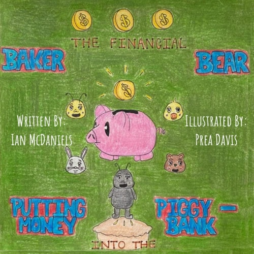Baker the Financial Bear Putting Money Into the Piggy-Bank