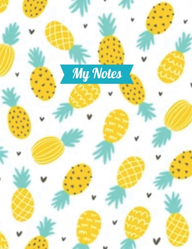 Notebook: 8.5x11 in, college-ruled, pineapple print.