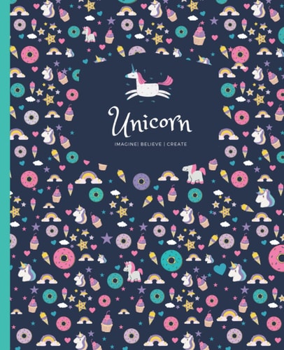 Unicorn Donut Journal: Wide Ruled Notebook | Use as Journal, Diary, or Composition Notebook | 108 Pages (Cute Unicorn Ice Cream Pattern – Midnight Blue)