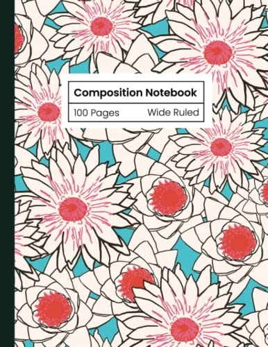 Calypsart Composition Notebook - Vintage Blue Floral Aesthetic Wide Lined Ruled Classroom Journal for Elementary School, College & Office