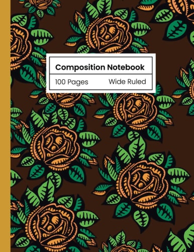 Calypsart Composition Notebook - Vintage Red Brown Floral Aesthetic Wide Lined Ruled Classroom Journal for Elementary School, College & Office Work