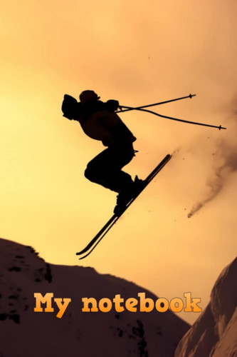 Handy 6 x 9,100 lined paperback notebook with a picture of a skiing man.