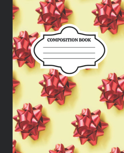 Composition Notebook: Red Christmas Bow Theme with Black Textblock Spine - 7.5" X 9.25" - Wide Ruled 100 Pages - 20 Lines Per Page