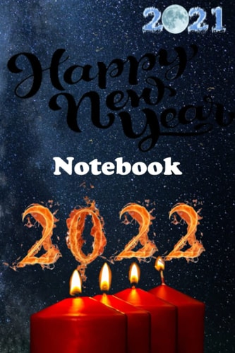 Happy new year 2022 notebook with red candls, 2022 numbers on fire and 2021 numbers on ice leaving us.Christmas gift for ... page with sky background and elegant design