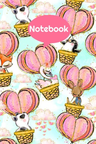 Notebook: Sweet hot air balloons with adorable animals, penguin and panda notebook journal. 120 pages 6 x 9