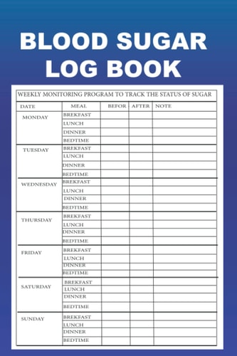 BLLOD SUGAR LOG BOOK: Blood sugar logbook / Monitoring blood sugar levels on a daily basis / Paying attention to healthy food / Sheet for recording ... health status The book is 6x9 with 119 pages.