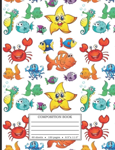 Composition book: Cute Aquatic pattern: BLACK AND WHITE graphics on each page. Kids & Teen & Young Adult Book Notes