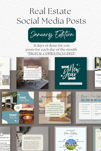 Real Estate Social Media Posts January Edition: 31 days of done for you posts for each day of the month *DIGITAL COPIES INCLUDED*