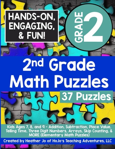 2nd Grade Math Puzzles Kids Ages 7, 8, and 9 - Addition, Subtraction, Place Value, Telling Time, Three Digit Numbers, Arrays, Skip Counting, & MORE