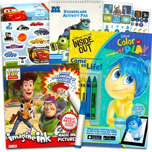 Disney Invisible Ink Coloring and Activity Book Set for Kids -3 Mess Free Coloring Books Bundle Featuring Monsters Inc, Inside Out, and Toy Story with Invisible Ink Pens and Stickers