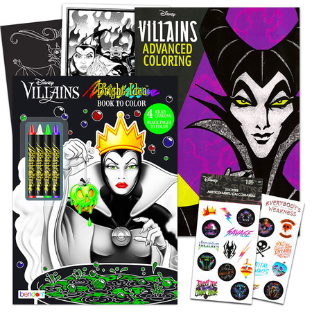 Disney Villain Coloring Book Set - Bundle with 2 Disney Coloring Books with Black Coloring Pages Plus Stickers and Coloring Utensils (Disney Gifts for Kids and Adults)