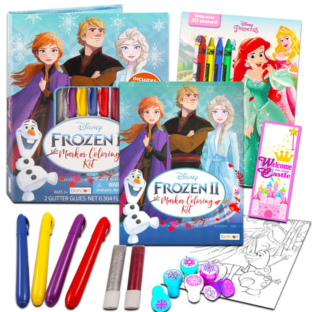 Disney Frozen Coloring Book Set for Girls - Bundle with 2 Princess Activity Books | Frozen Coloring Kit with Portfolio, Utensils, Stampers, and More Featuring Anna, Elsa, and Disney Princesses